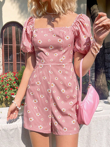 Women'S Daisy And Gingham Printed Bubble Short Sleeve Romper