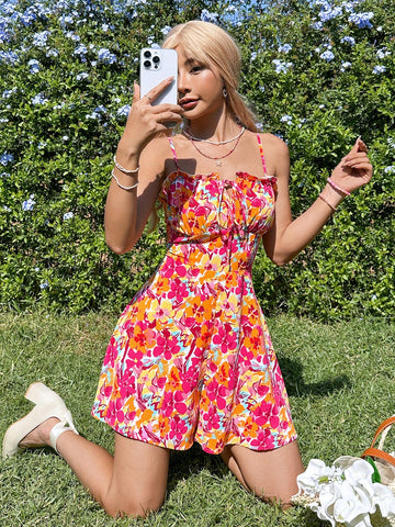 Women'S Floral Print Front Knot Spaghetti Strap Romper Shorts