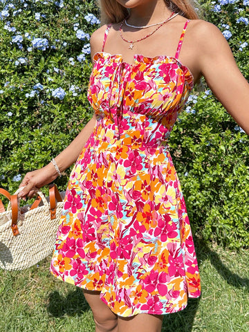 Women'S Floral Print Front Knot Spaghetti Strap Romper Shorts