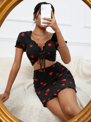 Women'S Heart Print Pleated Slim Fit Two-Piece Set