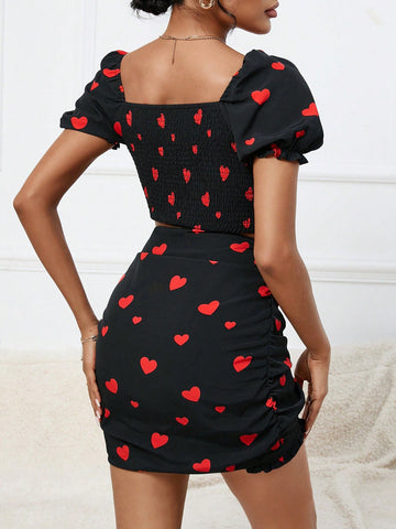 Women'S Heart Print Pleated Slim Fit Two-Piece Set