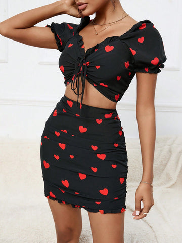 Women'S Heart Print Pleated Slim Fit Two-Piece Set