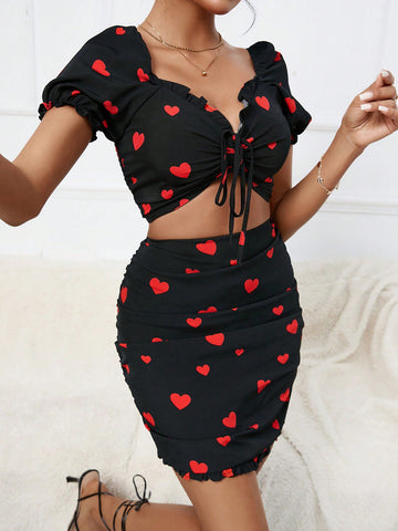 Women'S Heart Print Pleated Slim Fit Two-Piece Set