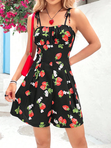 Women'S Strawberry Printed Spaghetti Strap Jumpsuit Shorts