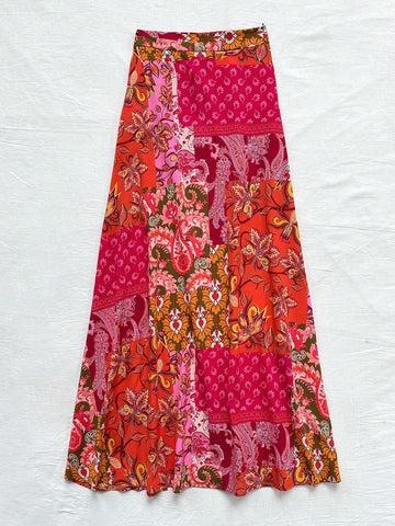 WYWH Women Bohemian Patchwork Printed Side Split Tie Waist Maxi Skirt For Vacation