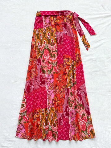 WYWH Women Bohemian Patchwork Printed Side Split Tie Waist Maxi Skirt For Vacation