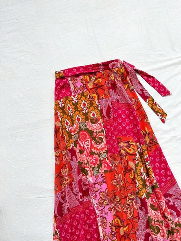 WYWH Women Bohemian Patchwork Printed Side Split Tie Waist Maxi Skirt For Vacation