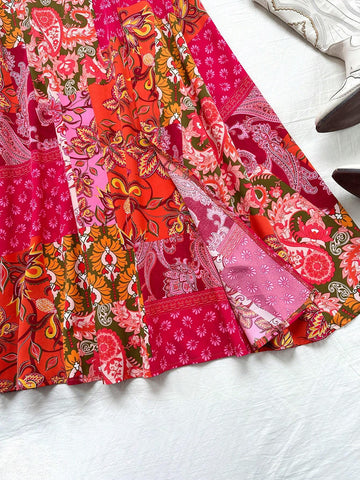 WYWH Women Bohemian Patchwork Printed Side Split Tie Waist Maxi Skirt For Vacation