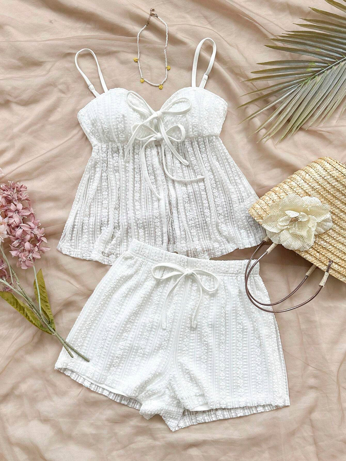 Women Fashionable Knitted Texture Hollow Out Romantic Casual Vacation 2 Piece Set