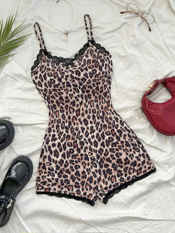 Women Leopard Print Sleeveless Jumpsuit With Lace Trim At Neck & Hem, Fitted Style Perfect For Fall/Winter Layering, Sexy For Party And Holiday