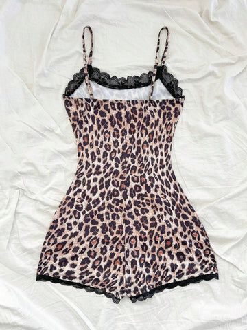 Women Leopard Print Sleeveless Jumpsuit With Lace Trim At Neck & Hem, Fitted Style Perfect For Fall/Winter Layering, Sexy For Party And Holiday