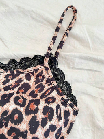 Women Leopard Print Sleeveless Jumpsuit With Lace Trim At Neck & Hem, Fitted Style Perfect For Fall/Winter Layering, Sexy For Party And Holiday