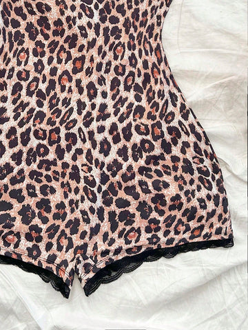 Women Leopard Print Sleeveless Jumpsuit With Lace Trim At Neck & Hem, Fitted Style Perfect For Fall/Winter Layering, Sexy For Party And Holiday