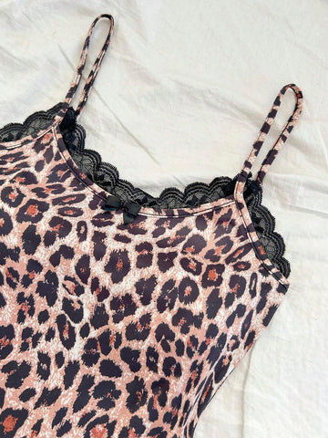 Women Leopard Print Sleeveless Jumpsuit With Lace Trim At Neck & Hem, Fitted Style Perfect For Fall/Winter Layering, Sexy For Party And Holiday