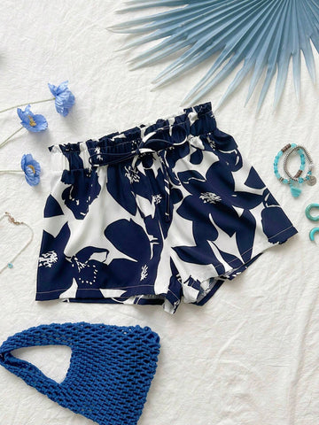 WYWH Women Loose Low-Waist Shorts With Dual-Color Print