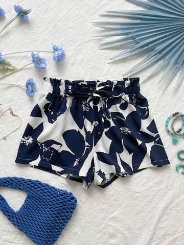 WYWH Women Loose Low-Waist Shorts With Dual-Color Print