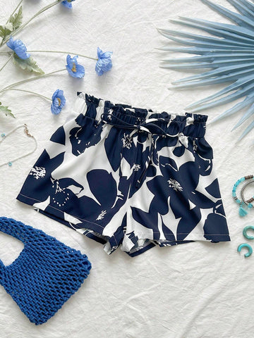 WYWH Women Loose Low-Waist Shorts With Dual-Color Print