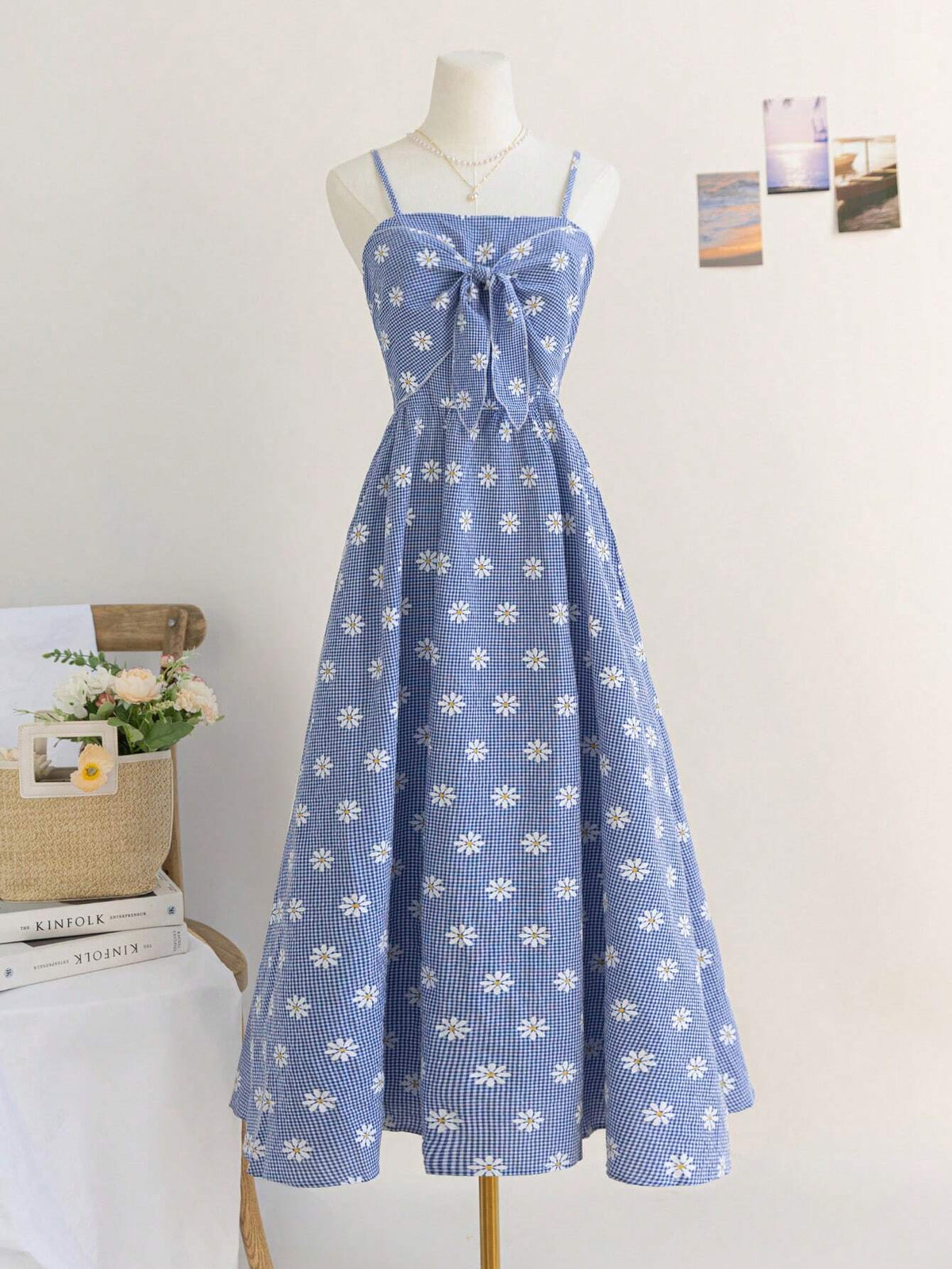 Women Plaid Daisy Floral Print Spaghetti Strap Casual Summer Dress