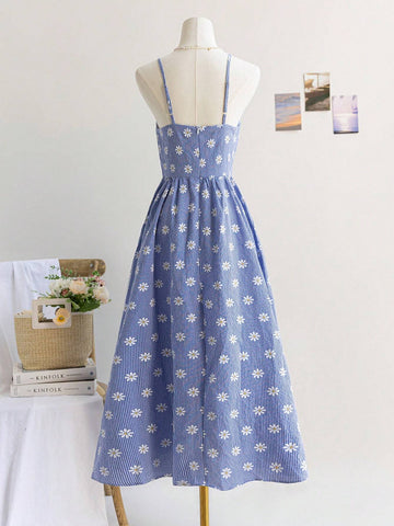 Women Plaid Daisy Floral Print Spaghetti Strap Casual Summer Dress