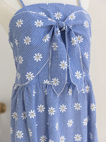 Women Plaid Daisy Floral Print Spaghetti Strap Casual Summer Dress