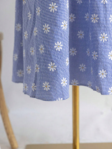 Women Plaid Daisy Floral Print Spaghetti Strap Casual Summer Dress
