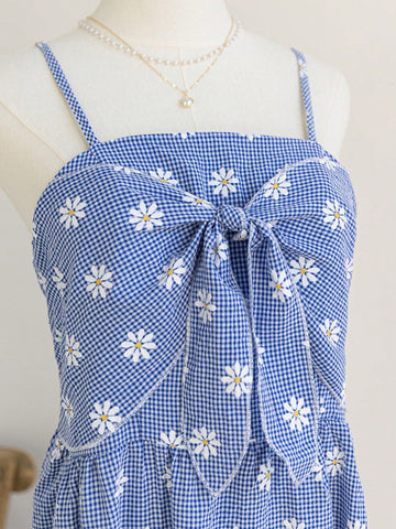 Women Plaid Daisy Floral Print Spaghetti Strap Casual Summer Dress