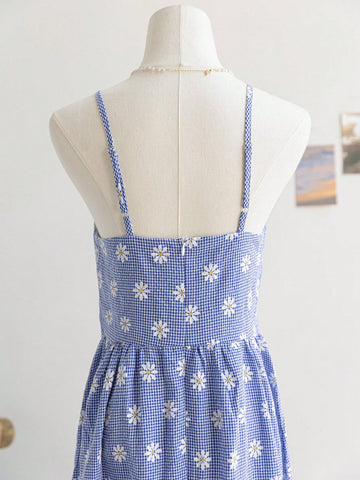Women Plaid Daisy Floral Print Spaghetti Strap Casual Summer Dress