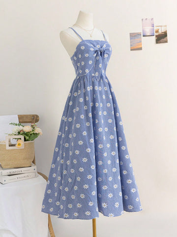 Women Plaid Daisy Floral Print Spaghetti Strap Casual Summer Dress