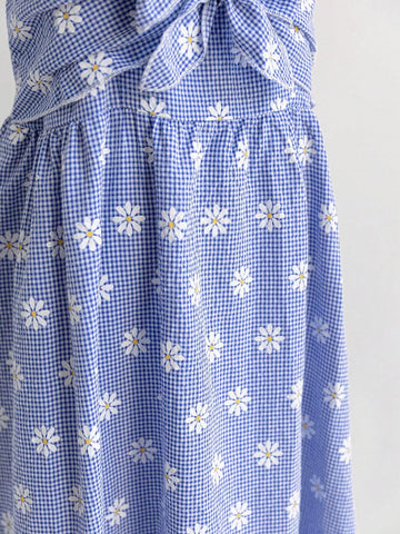Women Plaid Daisy Floral Print Spaghetti Strap Casual Summer Dress