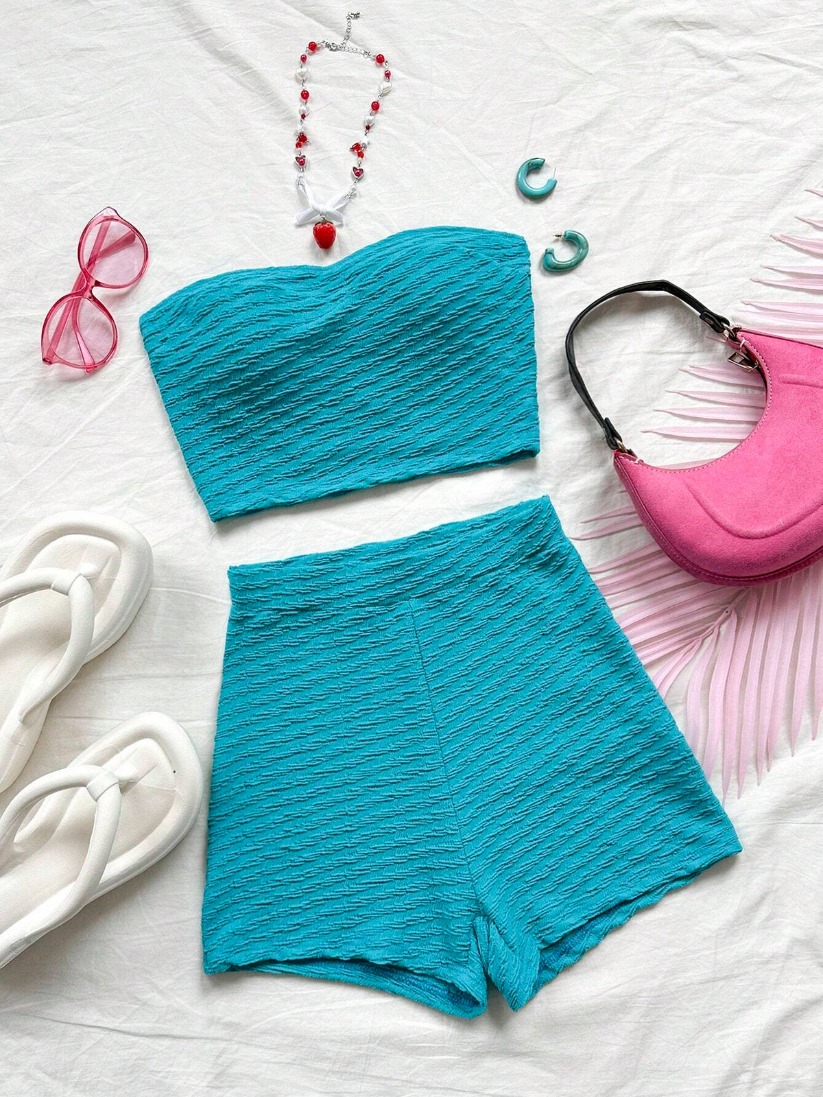 Women Pure Color Bandeau Short Crop Top And Shorts, Slim-Fit 2-Piece Set For Summer Holiday