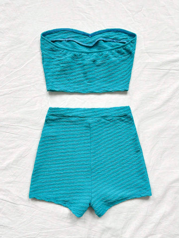 Women Pure Color Bandeau Short Crop Top And Shorts, Slim-Fit 2-Piece Set For Summer Holiday