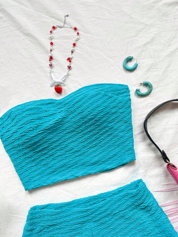 Women Pure Color Bandeau Short Crop Top And Shorts, Slim-Fit 2-Piece Set For Summer Holiday