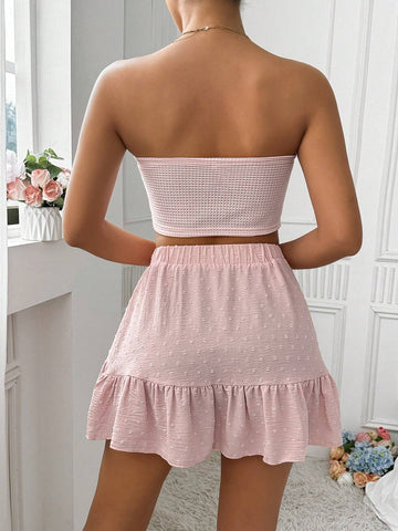 Women Solid Color Bandeau Top And Ruffle Hem Mini Skirt Two Piece Set
