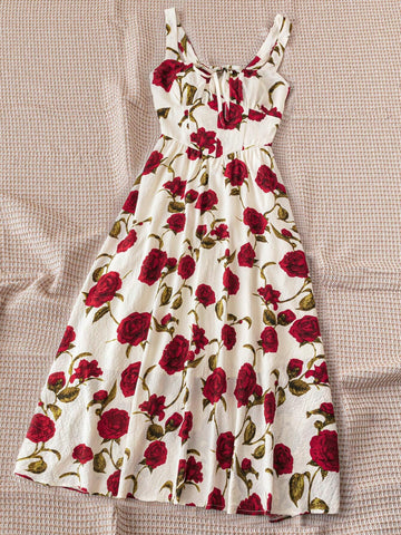 Women Spring/Summer Elegant Rose Printed Long Dress With Gathered Waist