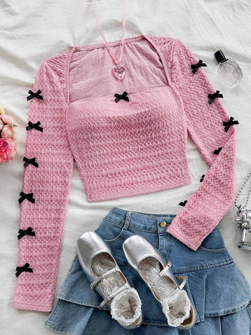 Women Summer Sleeveless Blouse With Pleated Texture, Bow Decor On Neckline And Sleeves, Pink