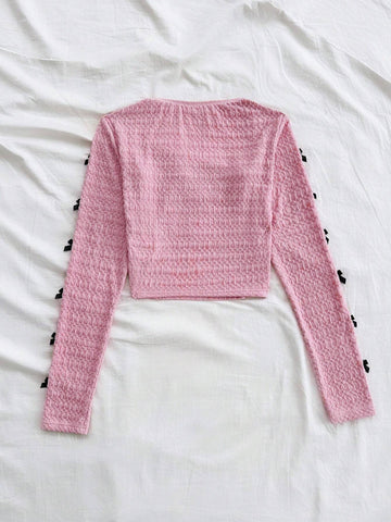 Women Summer Sleeveless Blouse With Pleated Texture, Bow Decor On Neckline And Sleeves, Pink