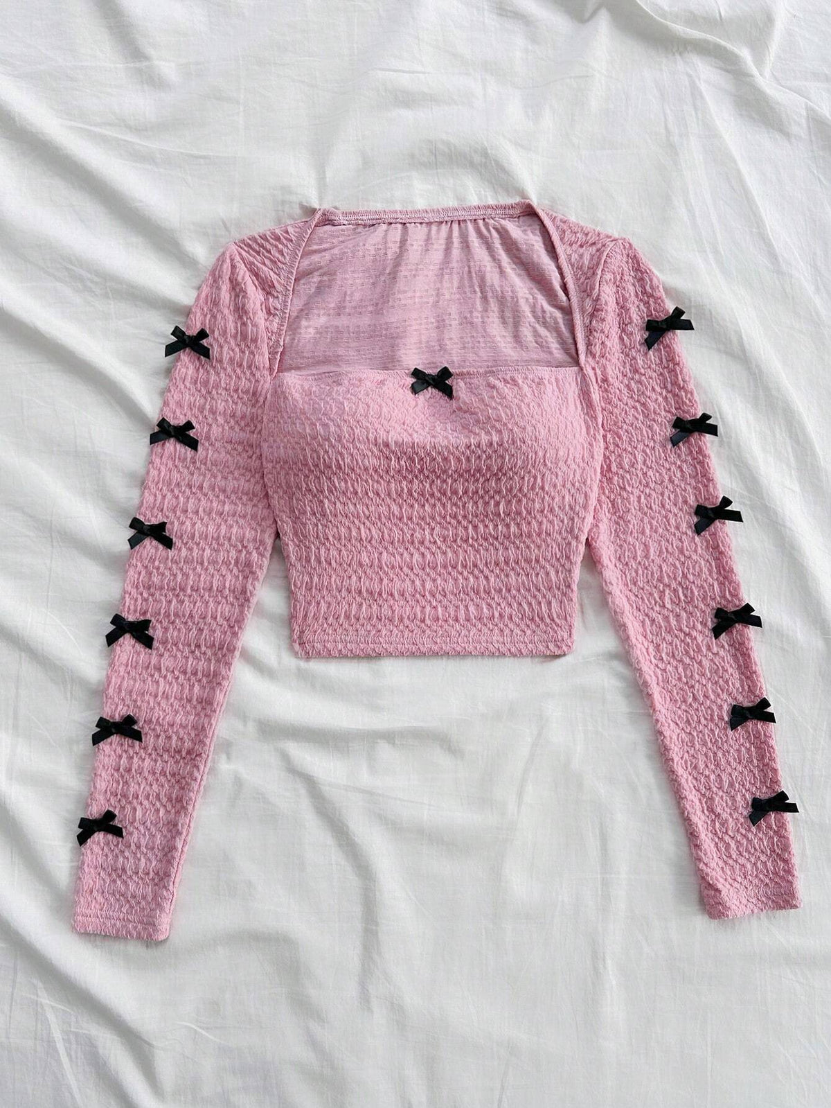 Women Summer Sleeveless Blouse With Pleated Texture, Bow Decor On Neckline And Sleeves, Pink