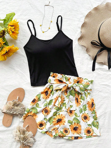 Women Summer Solid Color Tank Top And Sunflower Printed Shorts Set For Vacation And Casual Occasions