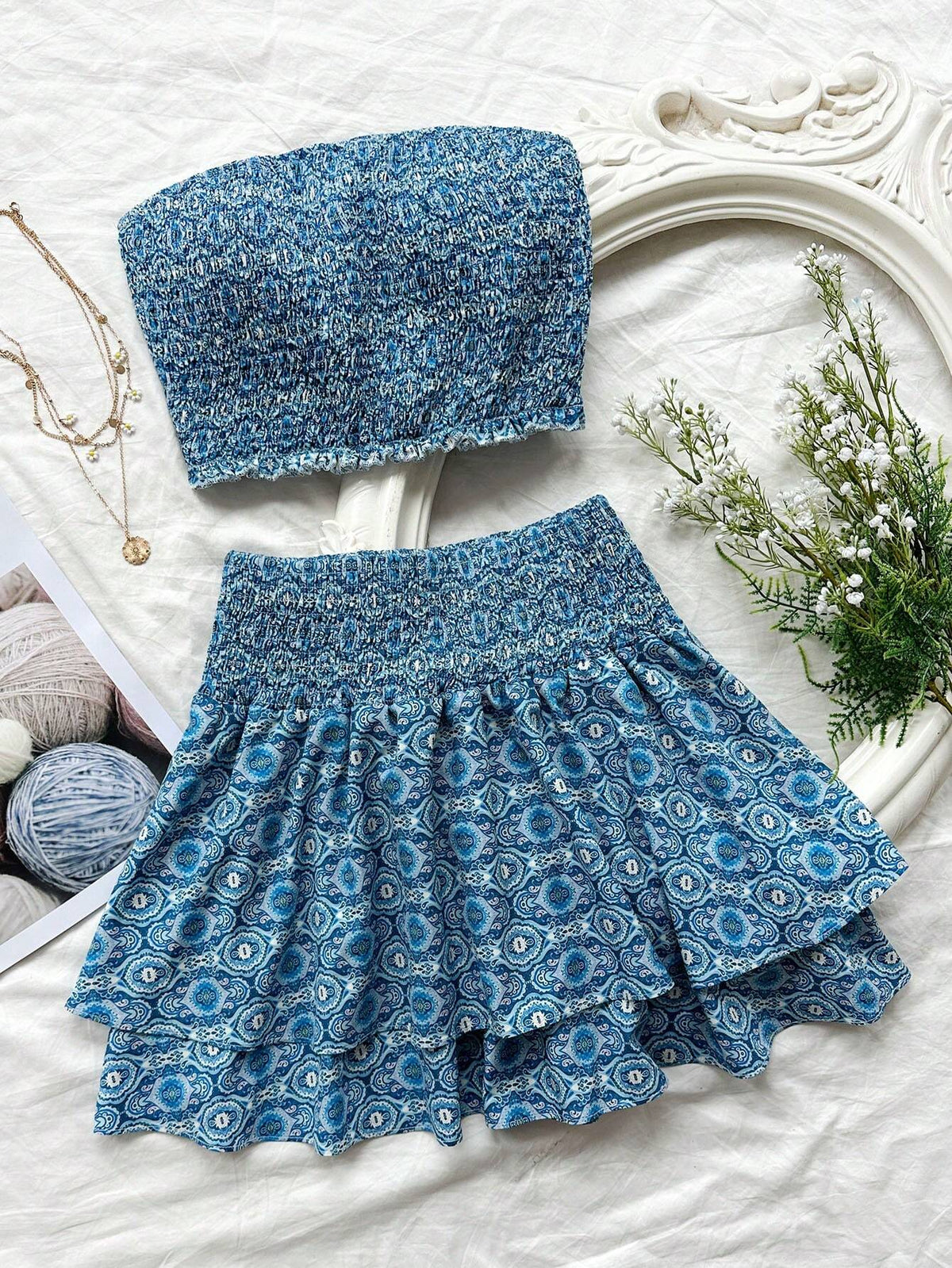 Women Summer Vacation Style Floral Print Bandeau Top And Double Layered Ruffled Hem Skirt Two-Piece Set