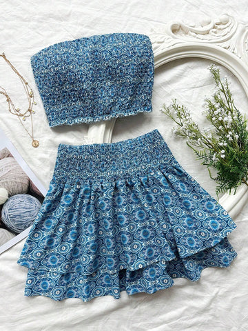 Women Summer Vacation Style Floral Print Bandeau Top And Double Layered Ruffled Hem Skirt Two-Piece Set