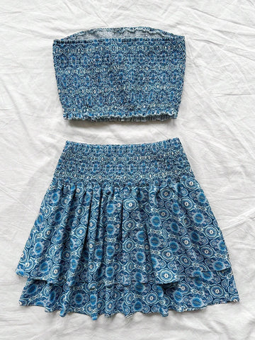 Women Summer Vacation Style Floral Print Bandeau Top And Double Layered Ruffled Hem Skirt Two-Piece Set