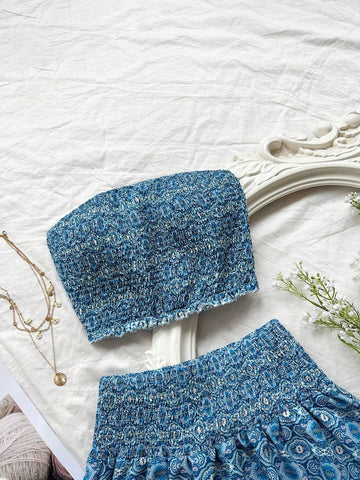 Women Summer Vacation Style Floral Print Bandeau Top And Double Layered Ruffled Hem Skirt Two-Piece Set