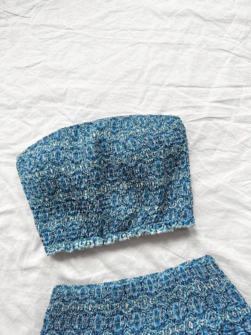 Women Summer Vacation Style Floral Print Bandeau Top And Double Layered Ruffled Hem Skirt Two-Piece Set