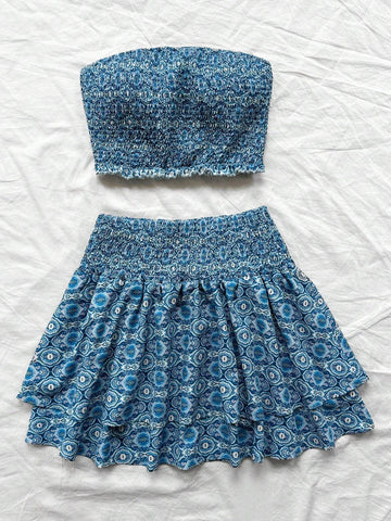 Women Summer Vacation Style Floral Print Bandeau Top And Double Layered Ruffled Hem Skirt Two-Piece Set