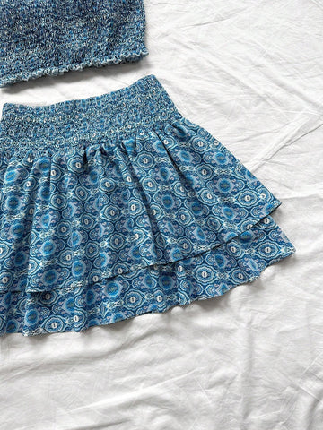 Women Summer Vacation Style Floral Print Bandeau Top And Double Layered Ruffled Hem Skirt Two-Piece Set