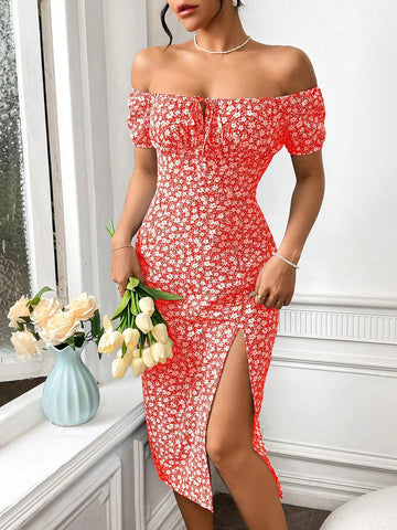 Women Summer Vacation Style Off-Shoulder Short Sleeve Floral Print Split Hem Elegant Dress