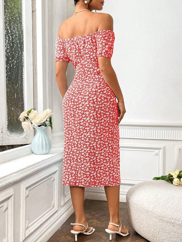 Women Summer Vacation Style Off-Shoulder Short Sleeve Floral Print Split Hem Elegant Dress