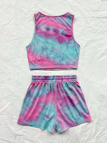 Women Tie Dye Vest And Shorts Casual Two-Piece Set For Summer Vacation
