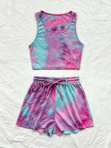 Women Tie Dye Vest And Shorts Casual Two-Piece Set For Summer Vacation
