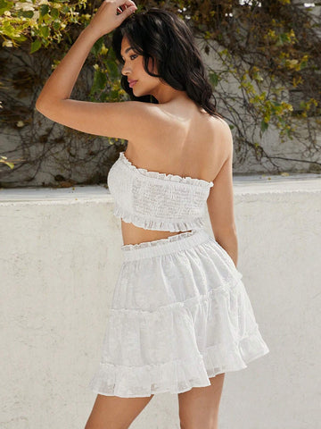 Women's 2pcs Frill Edge Wrap Crop Top And A-Line Skirt Set